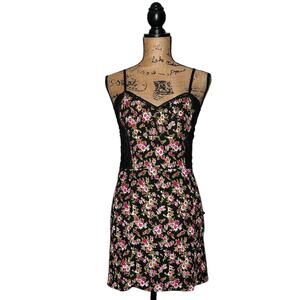 INTIMATELY FREE PEOPLE BLACK PINK FLORAL BODYCON TEDDY MINI SLIP DRESS M MEDIUM